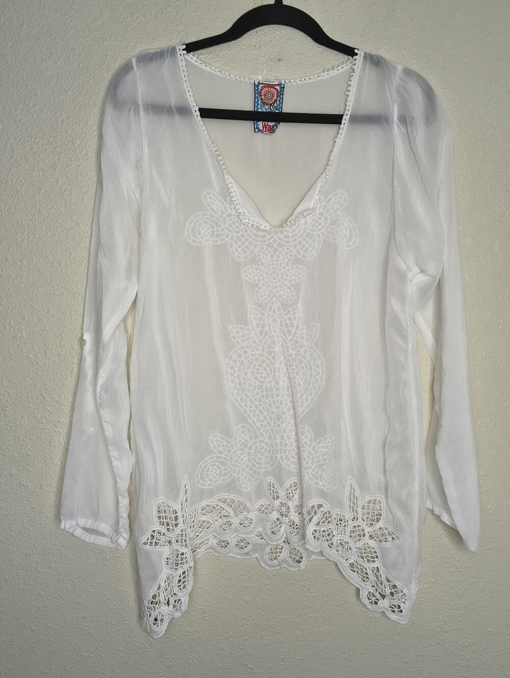 Johnny Was White Embroidered Long Sleeve Tunic Top Women's Size Small